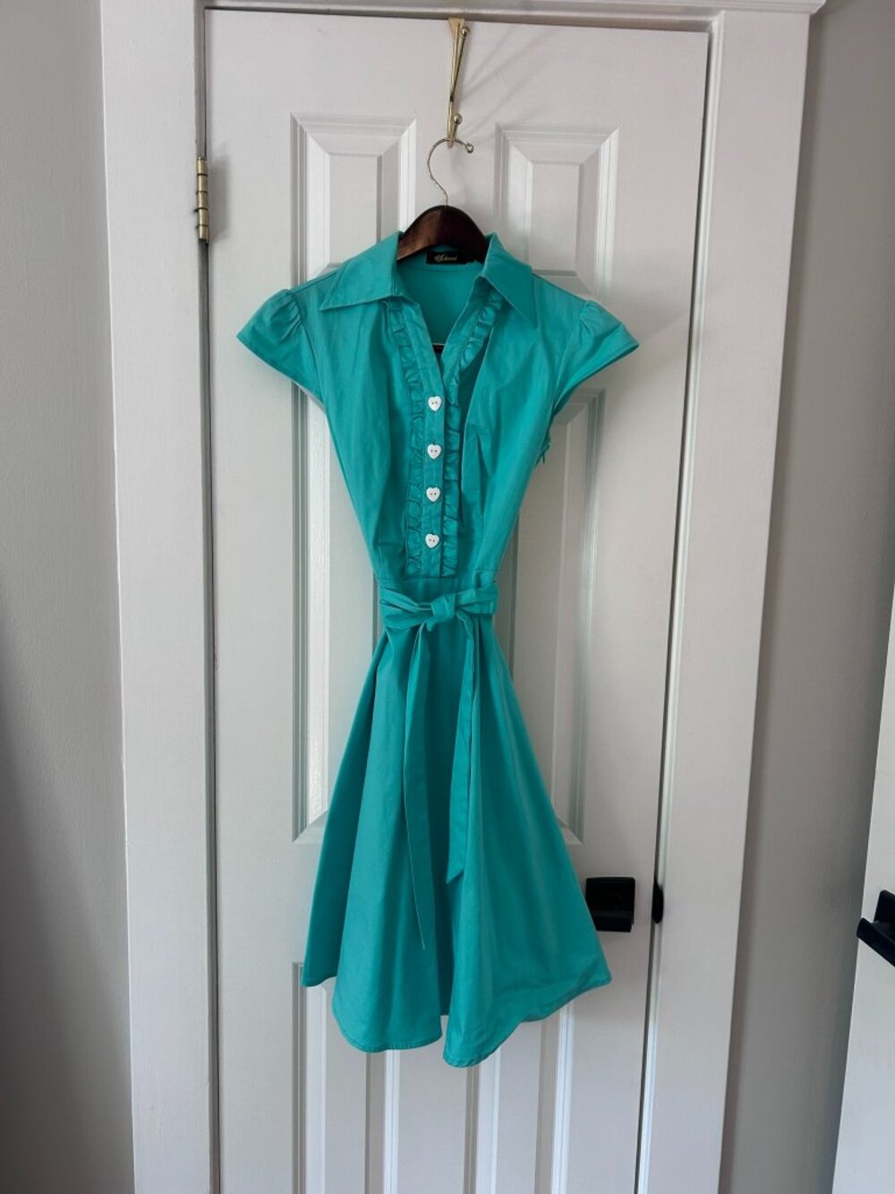 Wedtrend Turquoise Retro Shirt Dress White Heart Buttons Waist Sash Size S